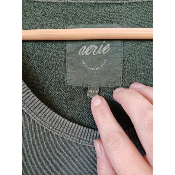 Aerie Off The Shoulder Crew Long Sleeve Sweatshirt Size Extra Small Green - Picture 2 of 3